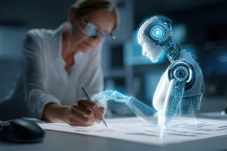 Imagen que representa a un humano colaborando con una IA, objetivo del curso de Formación en Herramientas IA para empresas de SocraTech