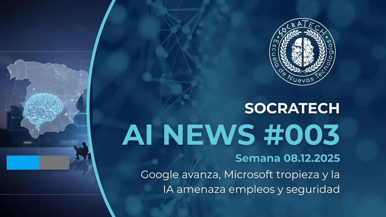 Portada de SocraTech AI News #003 en el que: Google avanza, Microsoft tropieza y la IA amenaza empleos y seguridad
