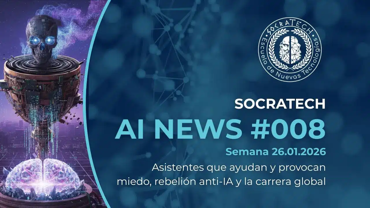 Portada de SocraTech AI News #008 en el que: Asistentes que ayudan y provocan miedo, rebelión anti-IA y la carrera global
