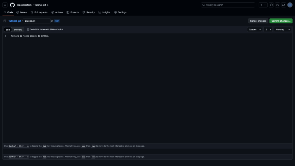 Archivo prueba.txt creado desde GitHub con una línea de código