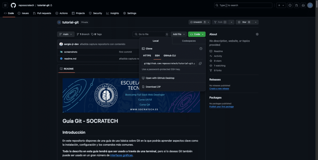 Vista de GitHub para clonar repositorio