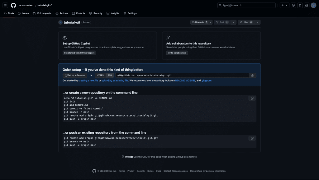 Vista pestaña Code al crear nuevo repositorio en GitHub