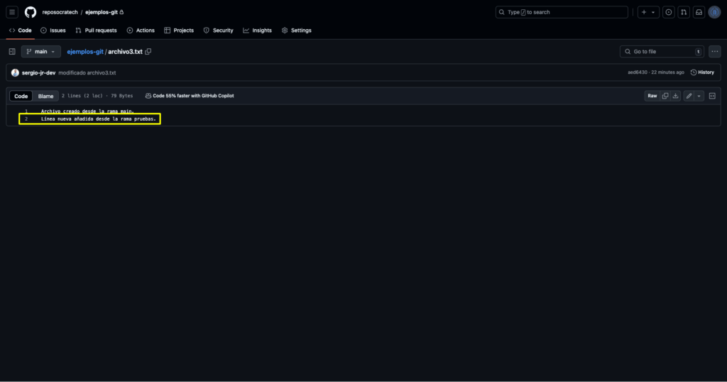 Vista del archivo archivo3.txt en GitHub con los cambios aplicados
