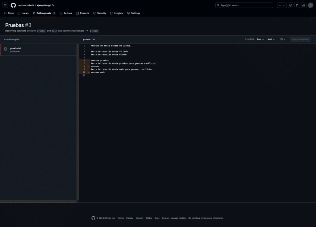 Vista de la ventana de resolución de conflictos en GitHub para el archivo pruebas.txt