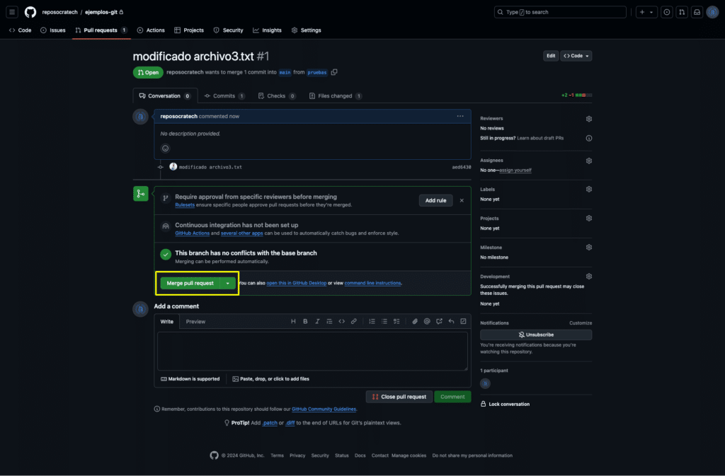 Vista ventana posterior al crear la pr mostrando el botón Merge pull request