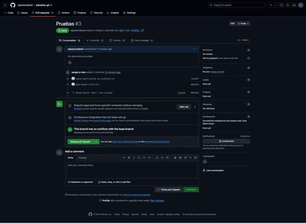 Vista de la pr de GitHub mostrando el botón Merge pull request