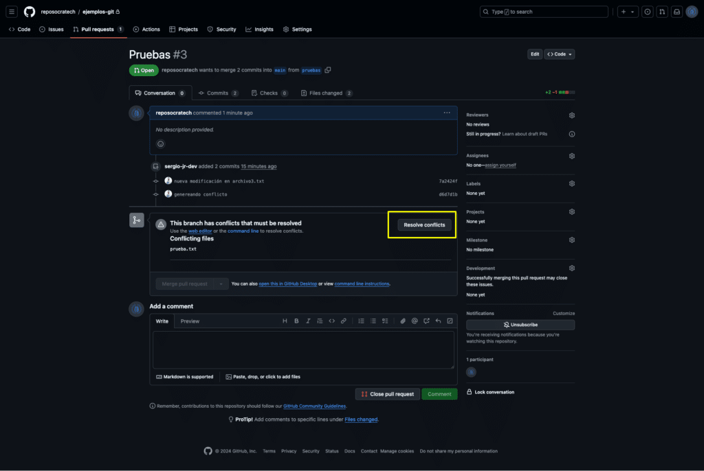 Vista de la nueva pr en GitHub mostrando el botón Resolve conflicts