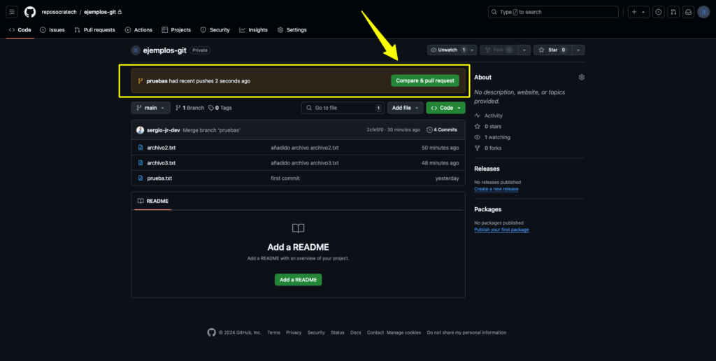 Vista de la pestaña code en GitHub mostrando el botón para hacer pr