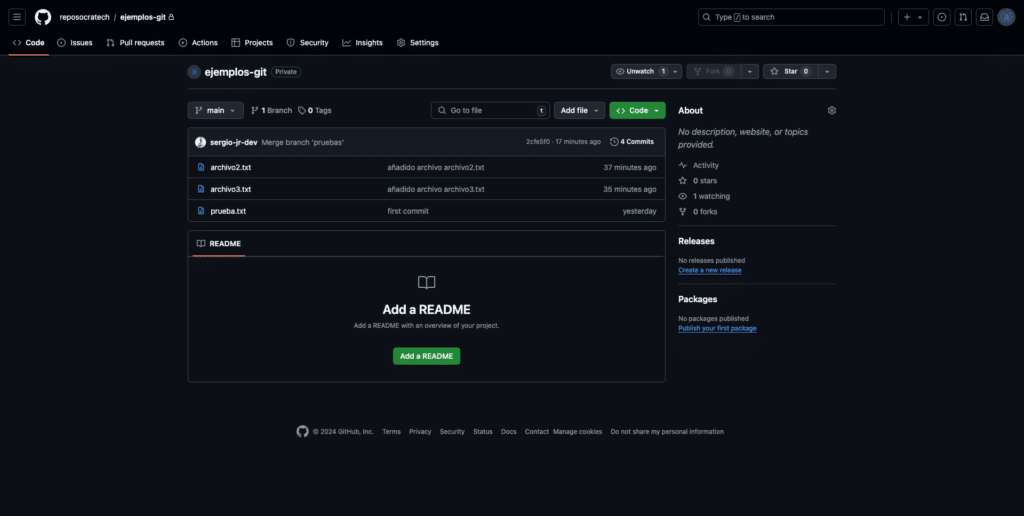 Vista de la rama main en GitHub con los archivos archivo2.txt y archivo3.txt subidos