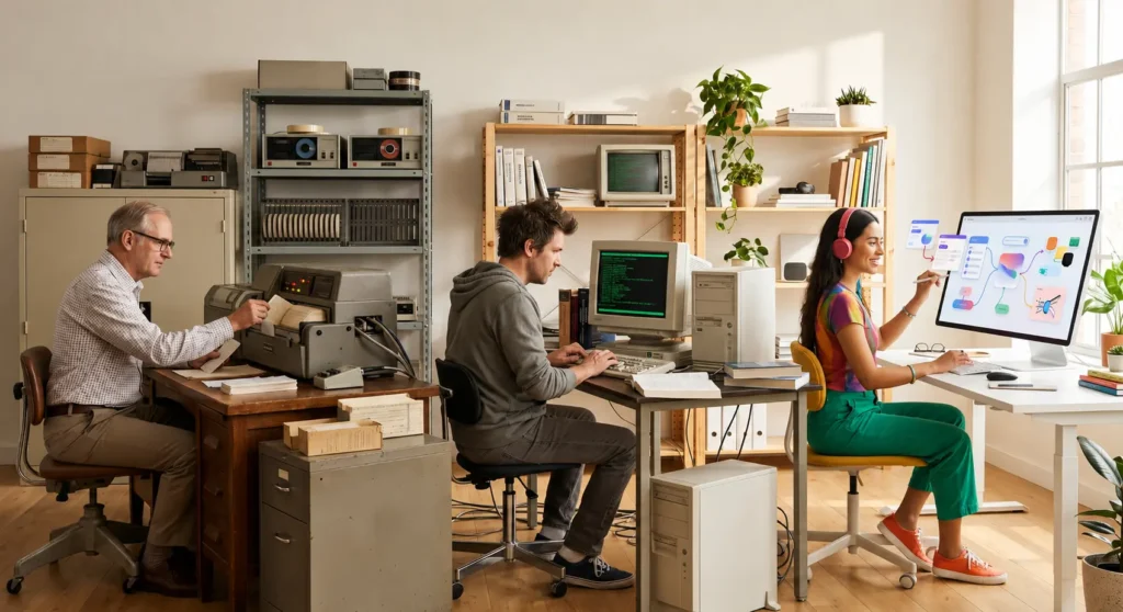 imagen que ilustra la evolucion de la programacion desde tarjetas perforadas a vibe coding