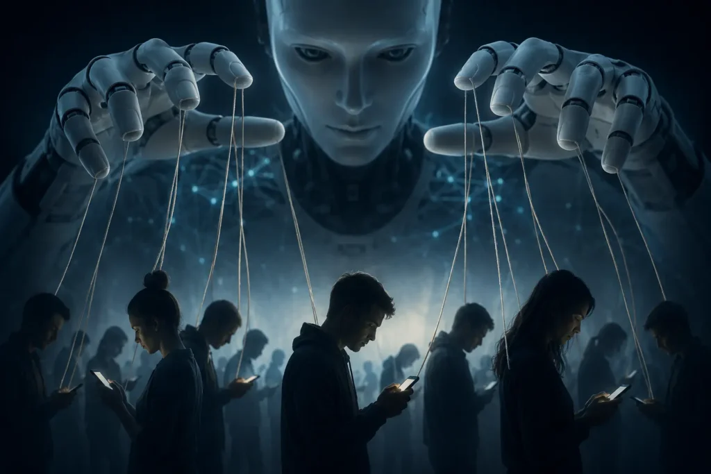 imagen que representa a la IA manipulando humanos como marionetas