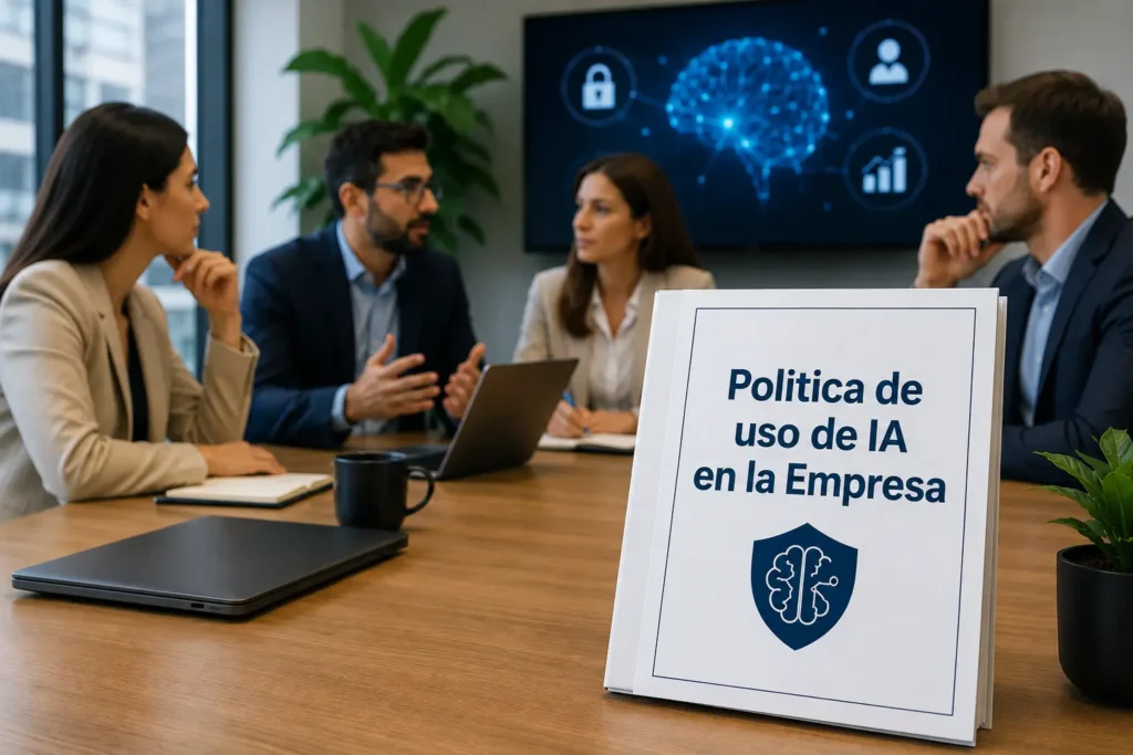 Dossier en primer plano sobre una mesa de reuniones donde un equipo directivo debate cómo implementar la política de uso de inteligencia artificial en la empresa para garantizar la seguridad de los datos.
