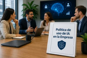 Dossier en primer plano sobre una mesa de reuniones donde un equipo directivo debate cómo implementar la política de uso de inteligencia artificial en la empresa para garantizar la seguridad de los datos.