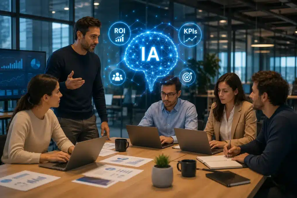 Equipo directivo en una sala de reuniones analizando un holograma con gráficas y KPIs para medir el ROI de la inteligencia artificial en empresas.