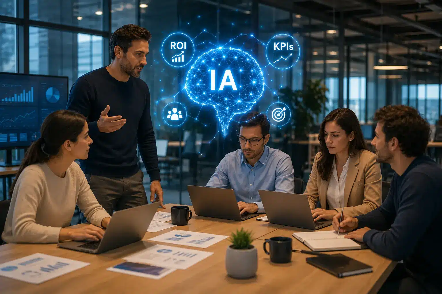 Equipo directivo en una sala de reuniones analizando un holograma con gráficas y KPIs para medir el ROI de la inteligencia artificial en empresas.
