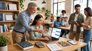 profesor y alumna trabajando juntos con IA
