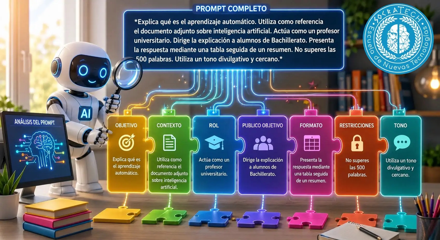 Infografía educativa que muestra la estructura de un prompt completo dividido en siete piezas de puzle de colores: Objetivo, Contexto, Rol, Público objetivo, Formato, Restricciones y Tono, junto a un robot examinando un esquema y el logotipo de SocraTech.