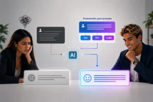Ilustración conceptual de dos usuarios interactuando con una IA: una mujer obtiene un resultado insatisfactorio al usar un prompt sin estructura, mientras un hombre consigue un resultado de mayor calidad utilizando frameworks para prompts como TAG, RTF y CARE. La IA aparece procesando visualmente el texto entre ambos escenarios.