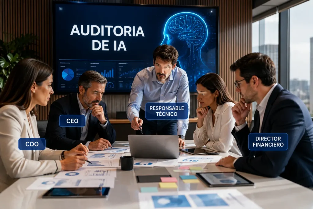 Equipo directivo de una empresa trabajando conjuntamente en una auditoría de ia corporativa en una sala de reuniones.