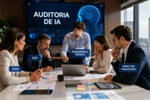 Equipo directivo de una empresa trabajando conjuntamente en una auditoría de ia corporativa en una sala de reuniones.