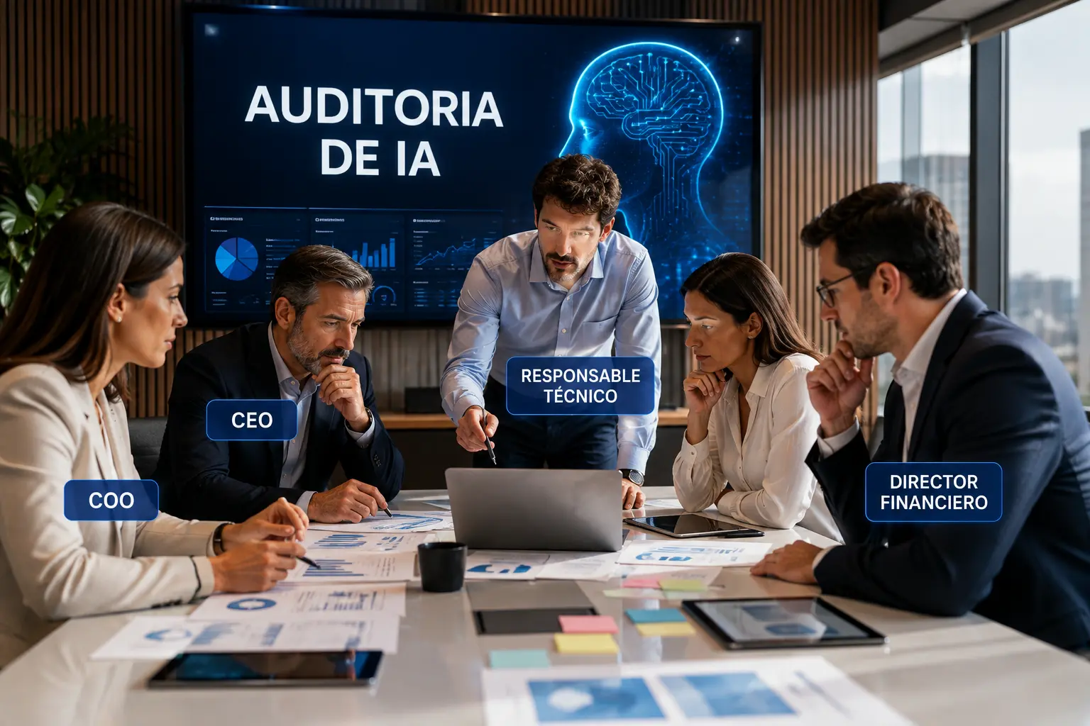 Equipo directivo de una empresa trabajando conjuntamente en una auditoría de ia corporativa en una sala de reuniones.