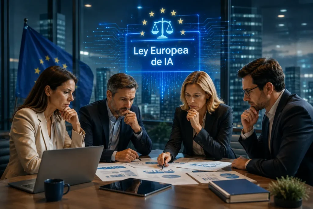 Equipo directivo analizando la Ley Europea de IA en una reunión corporativa, con documentación, ordenadores y elementos visuales relacionados con regulación, tecnología y cumplimiento normativo.