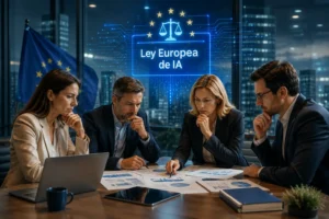 Equipo directivo analizando la Ley Europea de IA en una reunión corporativa, con documentación, ordenadores y elementos visuales relacionados con regulación, tecnología y cumplimiento normativo.