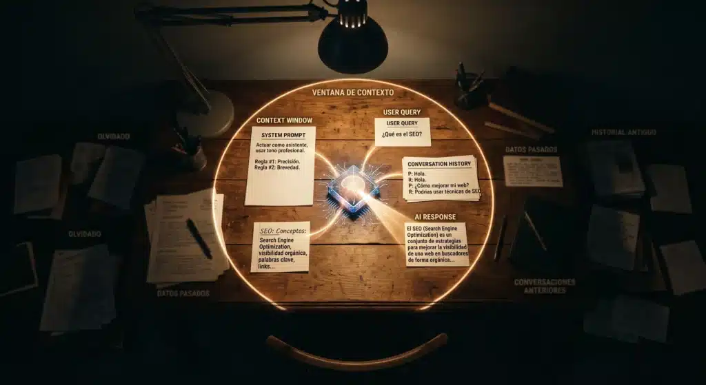Una toma cenital de un escritorio de madera oscuro y desgastado en un entorno con poca luz. Un círculo de luz brillante en el centro define la "VENTANA DE CONTEXTO". Dentro de este círculo, un núcleo de CPU futurista con un cerebro estilizado actúa como el procesador central, conectado por líneas de luz brillante a varios papeles que representan información activa: un papel "SYSTEM PROMPT" con reglas para el asistente (como precisión y brevedad), un papel "USER QUERY" que pregunta "¿Qué es el SEO?", un papel "CONVERSATION HISTORY" con un historial de chat reciente, notas manuscritas de conceptos de SEO y un papel "AI RESPONSE" que define el SEO. Fuera de la ventana de contexto iluminada, el escritorio está en la penumbra con pilas de papeles desordenados y etiquetas como "OLVIDADO", "DATOS PASADOS", "HISTORIAL ANTIGUO" y "CONVERSACIONES ANTERIORES", representando la información no activa o fuera de foco. La escena incluye una lámpara de escritorio y material de oficina en la sombra.