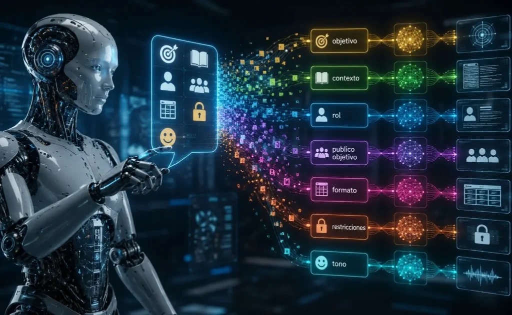 Robot de inteligencia artificial analizando un prompt y separándolo visualmente en objetivo, contexto, rol, público objetivo, formato, restricciones y tono.