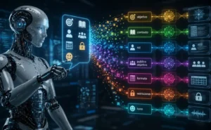 Robot de inteligencia artificial analizando un prompt y separándolo visualmente en objetivo, contexto, rol, público objetivo, formato, restricciones y tono.