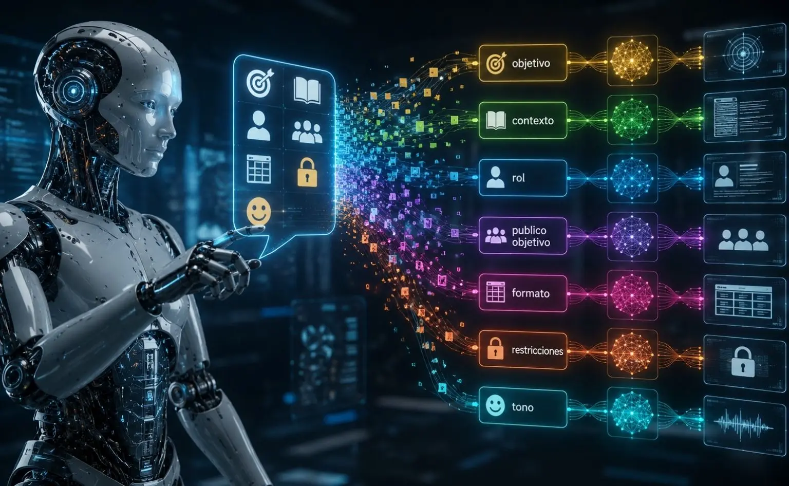 Robot de inteligencia artificial analizando un prompt y separándolo visualmente en objetivo, contexto, rol, público objetivo, formato, restricciones y tono.
