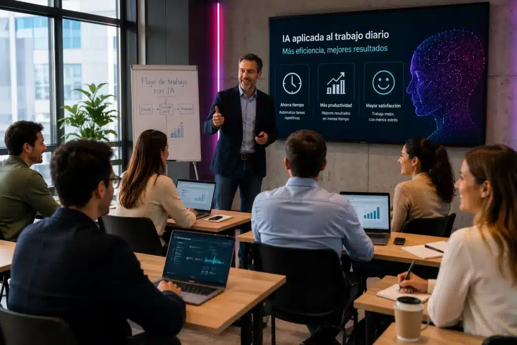 Profesor impartiendo una formación sobre inteligencia artificial a un grupo de profesionales en un aula, mientras los alumnos se benefician de lo aprendido y muestran satisfacción por las mejoras de eficiencia y productividad que están consiguiendo.