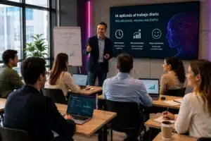 Profesor impartiendo una formación sobre inteligencia artificial a un grupo de profesionales en un aula, mientras los alumnos se benefician de lo aprendido y muestran satisfacción por las mejoras de eficiencia y productividad que están consiguiendo.