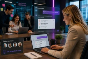 Profesional utilizando un GPT personalizado en su portátil para consultar documentación y procedimientos internos, mientras un equipo de trabajo desarrolla y configura el asistente de IA en una oficina corporativa.