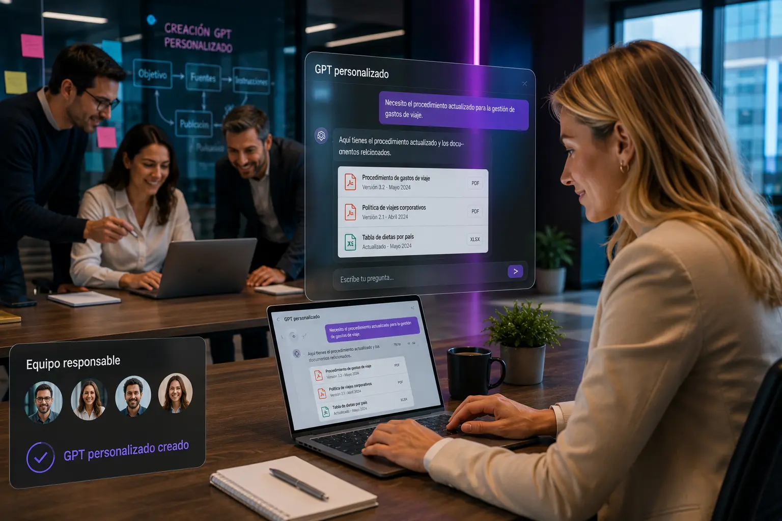 Profesional utilizando un GPT personalizado en su portátil para consultar documentación y procedimientos internos, mientras un equipo de trabajo desarrolla y configura el asistente de IA en una oficina corporativa.