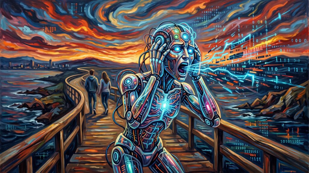 Pintura expresionista de un robot humanoide sufriendo una alucinacion en inteligencia artificial en un paseo marítimo mientras dos humanos se alejan.