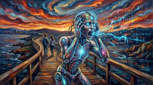 Pintura expresionista de un robot humanoide sufriendo una alucinacion en inteligencia artificial en un paseo marítimo mientras dos humanos se alejan.