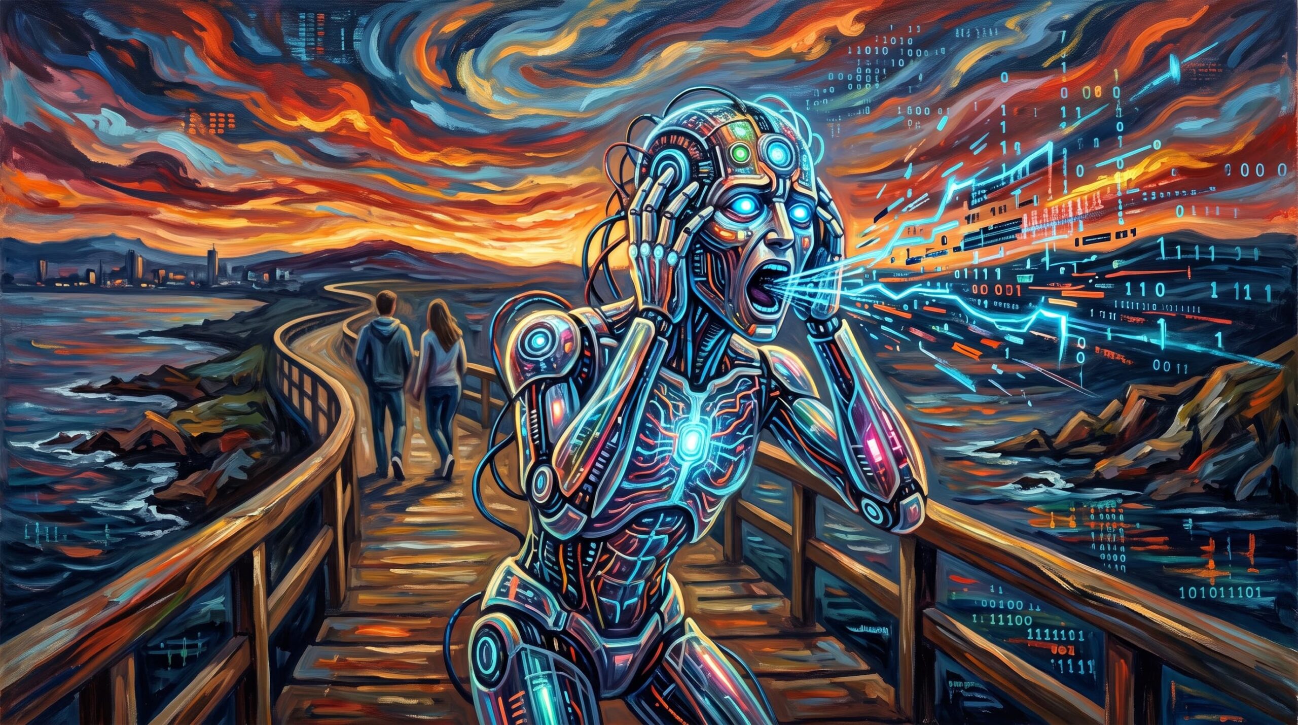 Pintura expresionista de un robot humanoide sufriendo una alucinacion en inteligencia artificial en un paseo marítimo mientras dos humanos se alejan.