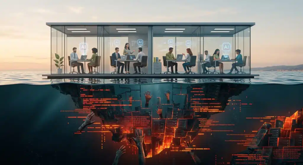 Una imagen conceptual de sección transversal dividida por la superficie del mar. Sobre el agua, una oficina de vidrio moderna y flotante con personas trabajando en escritorios bajo hologramas de 'AI', representando el éxito tecnológico superficial. Bajo el agua, en las profundidades oscuras, una red de datos fracturada de código neón naranja con múltiples manos humanas emergiendo y luchando, simbolizando las consecuencias ocultas, el trabajo invisible y los datos perdidos asociados con la inteligencia artificial. La escena está ambientada al amanecer