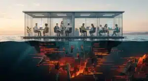 Una imagen conceptual de sección transversal dividida por la superficie del mar. Sobre el agua, una oficina de vidrio moderna y flotante con personas trabajando en escritorios bajo hologramas de 'AI', representando el éxito tecnológico superficial. Bajo el agua, en las profundidades oscuras, una red de datos fracturada de código neón naranja con múltiples manos humanas emergiendo y luchando, simbolizando las consecuencias ocultas, el trabajo invisible y los datos perdidos asociados con la inteligencia artificial. La escena está ambientada al amanecer