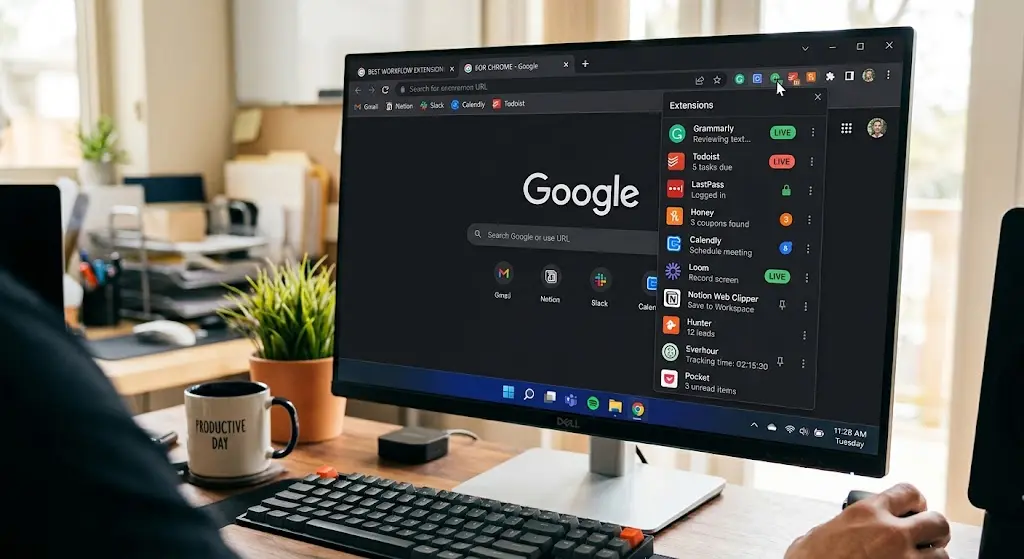 Una pantalla de monitor en un escritorio de oficina, mostrando el navegador web Chrome con un montón de extensiones IA que permiten agilizar el trabajo.