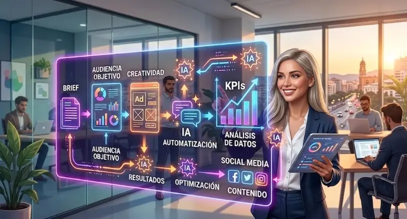 Una mujer profesional de marketing sostiene una tableta y señala una gran pantalla que muestra un diagrama de flujo de marketing digital impulsado por IA. Aparecen pasos en las que participa la IA como 'BRIEF', 'AUDIENCIA OBJETIVO', 'CREATIVIDAD', 'IA AUTOMATIZACIÓN', 'KPIs', 'ANÁLISIS DE DATOS', 'SOCIAL MEDIA' y 'OPTIMIZACIÓN'. Al fondo, una oficina moderna de planta abierta con otros profesionales trabajando y grandes ventanales con vista a una ciudad costera al atardecer.