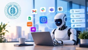 Robot de inteligencia artificial conectado a herramientas digitales para automatizar tareas, analizar información y optimizar flujos de trabajo empresariales.