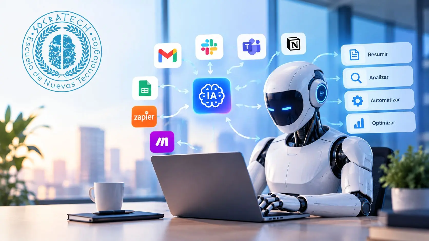 Robot de inteligencia artificial conectado a herramientas digitales para automatizar tareas, analizar información y optimizar flujos de trabajo empresariales.