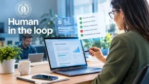 Profesional aplicando el protocolo human in the loop revisando un informe generado con inteligencia artificial mediante una lista de comprobación con indicadores verdes de validación e indicadores rojos de errores, en un entorno de oficina empresarial.