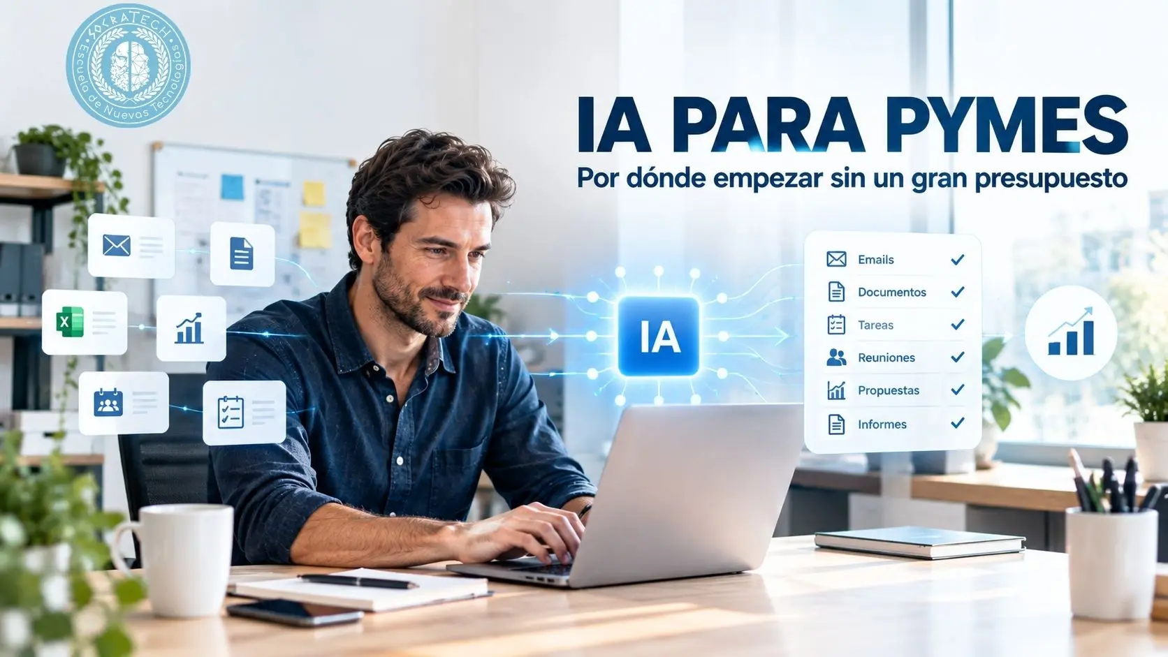 Profesional de una pyme utilizando inteligencia artificial para mejorar tareas y productividad empresarial