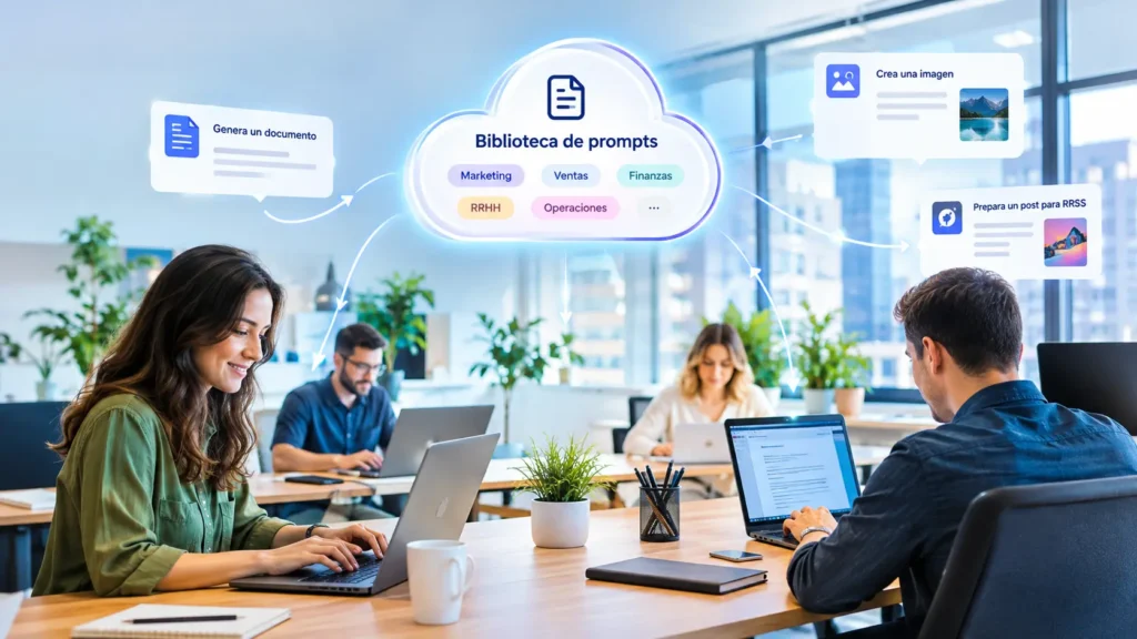 Equipo de trabajo que utiliza una biblioteca de prompts corporativa para generar documentos, imágenes y publicaciones para redes sociales con inteligencia artificial.