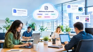 Equipo de trabajo que utiliza una biblioteca de prompts corporativa para generar documentos, imágenes y publicaciones para redes sociales con inteligencia artificial.